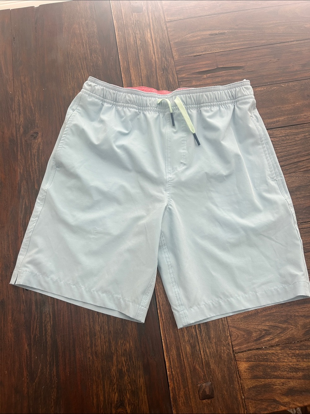 Southern Tide Boys Light Blue Swim Trunks with Neon Yellow Drawstring